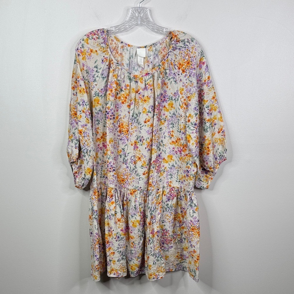 H&M Floral XS Balloon Sleeve Drop Waist Mini Dress Purple Yellow Orange White
